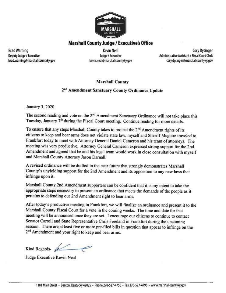 Marshall County second amendment memo